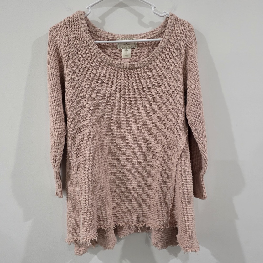 Womens Knit Sweater Size Medium Fringe Hem Pink Fairy‎ Cozy Beachy Assymetric